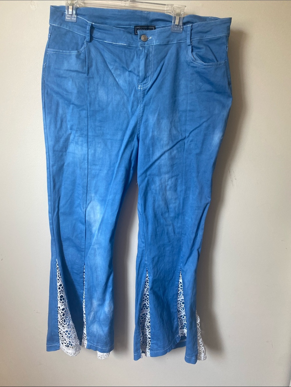 Blue Lace-Trim Boot Flare Pants